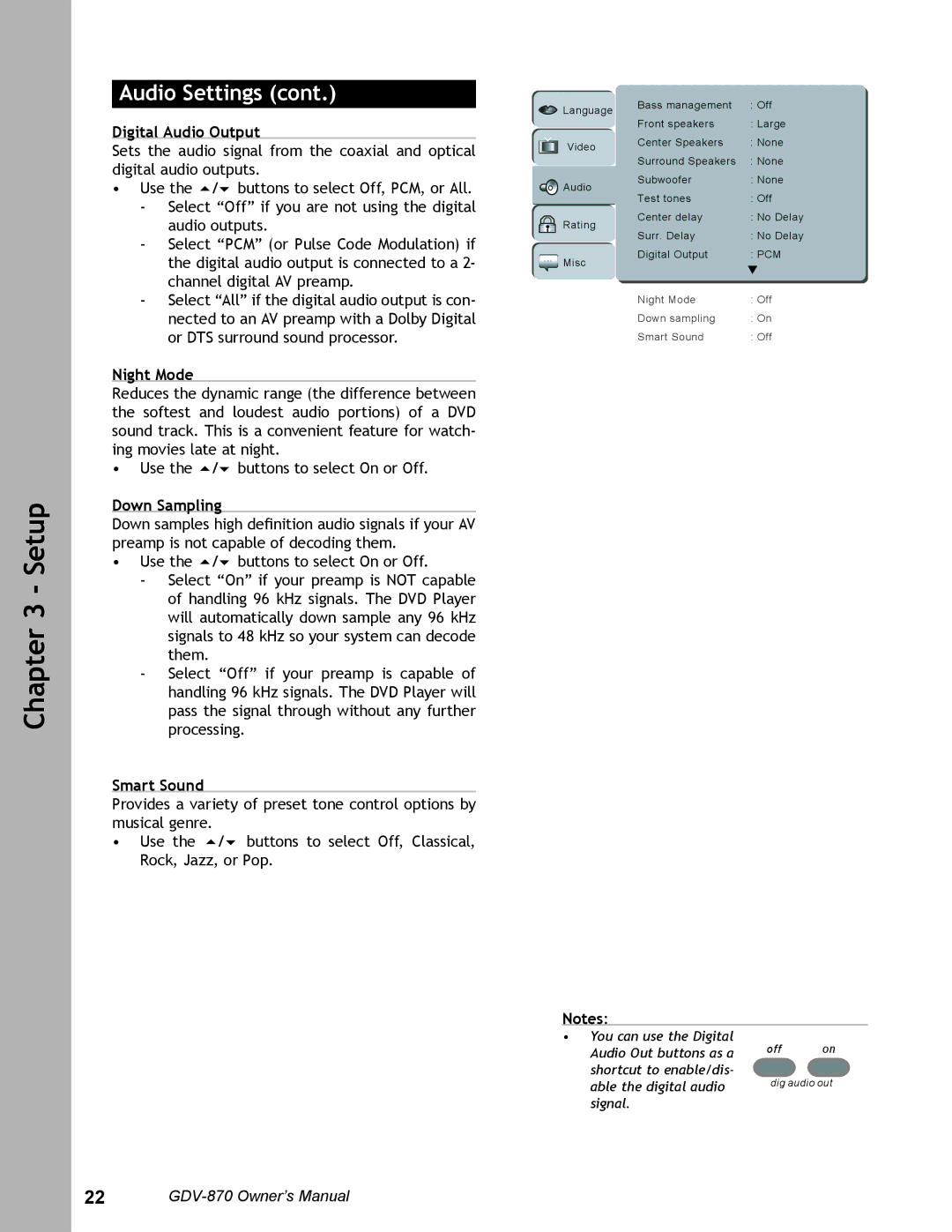 Adcom GDV-870 user manual Night Mode, Down Sampling, Smart Sound 