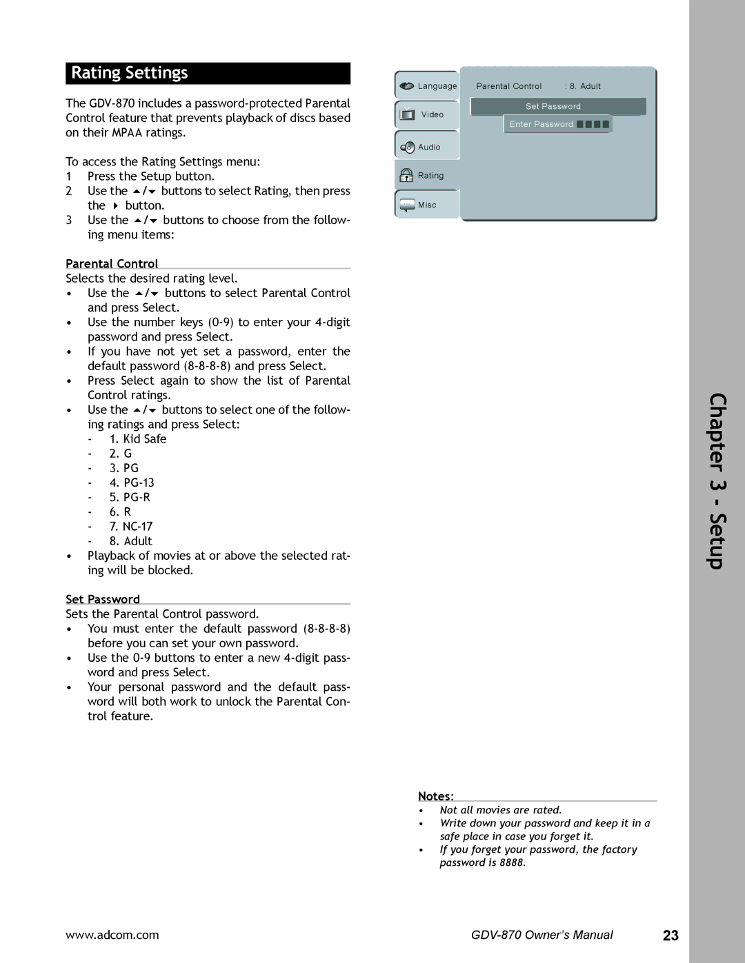 Adcom GDV-870 user manual Rating Settings, Parental Control, Set Password 