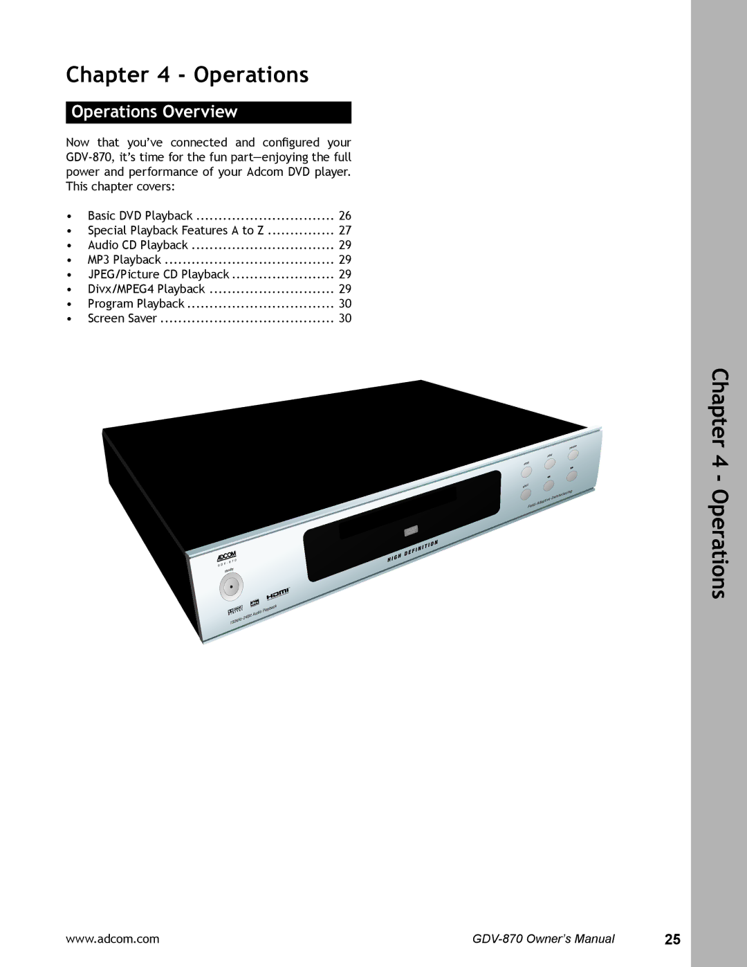 Adcom GDV-870 user manual Operations Overview 