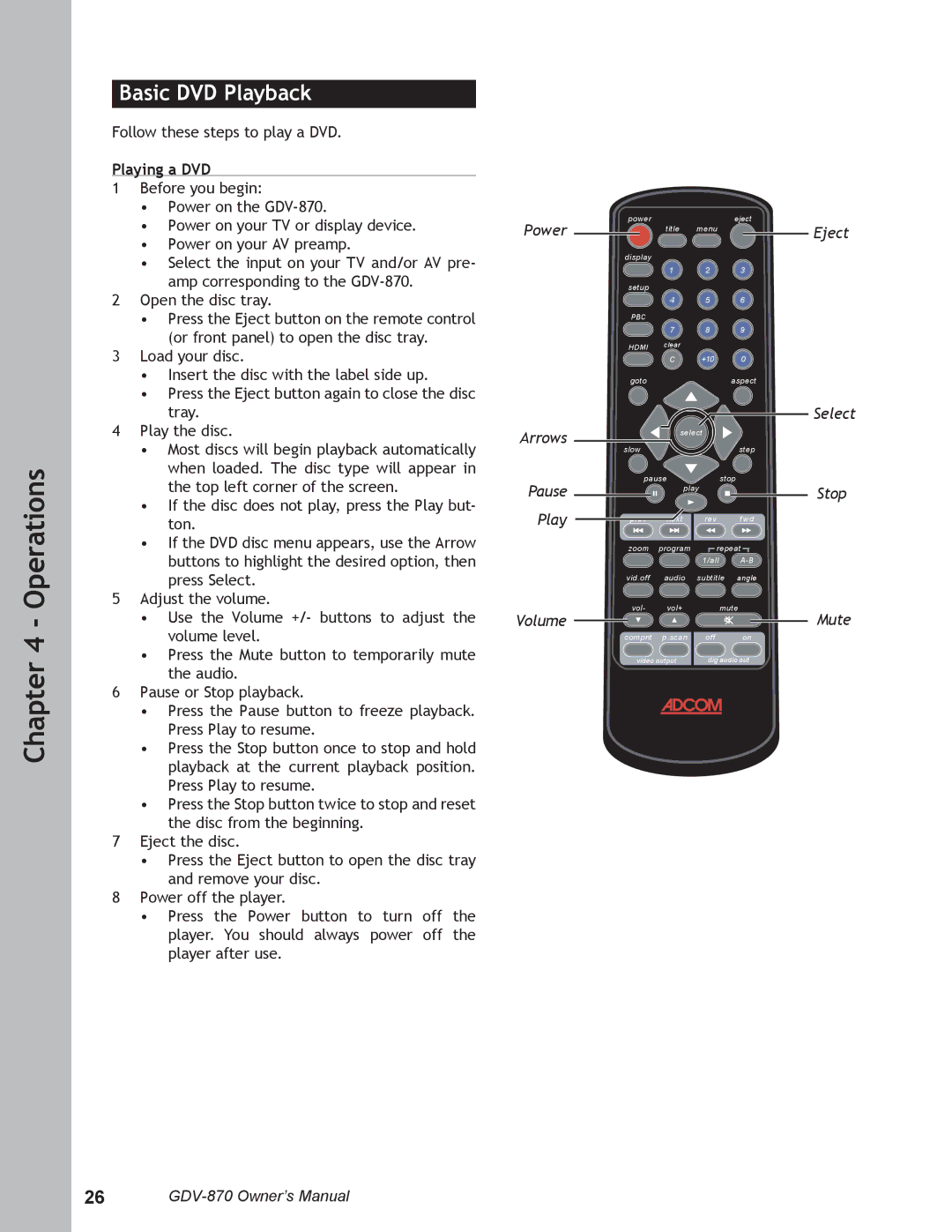 Adcom GDV-870 user manual Basic DVD Playback, Playing a DVD 