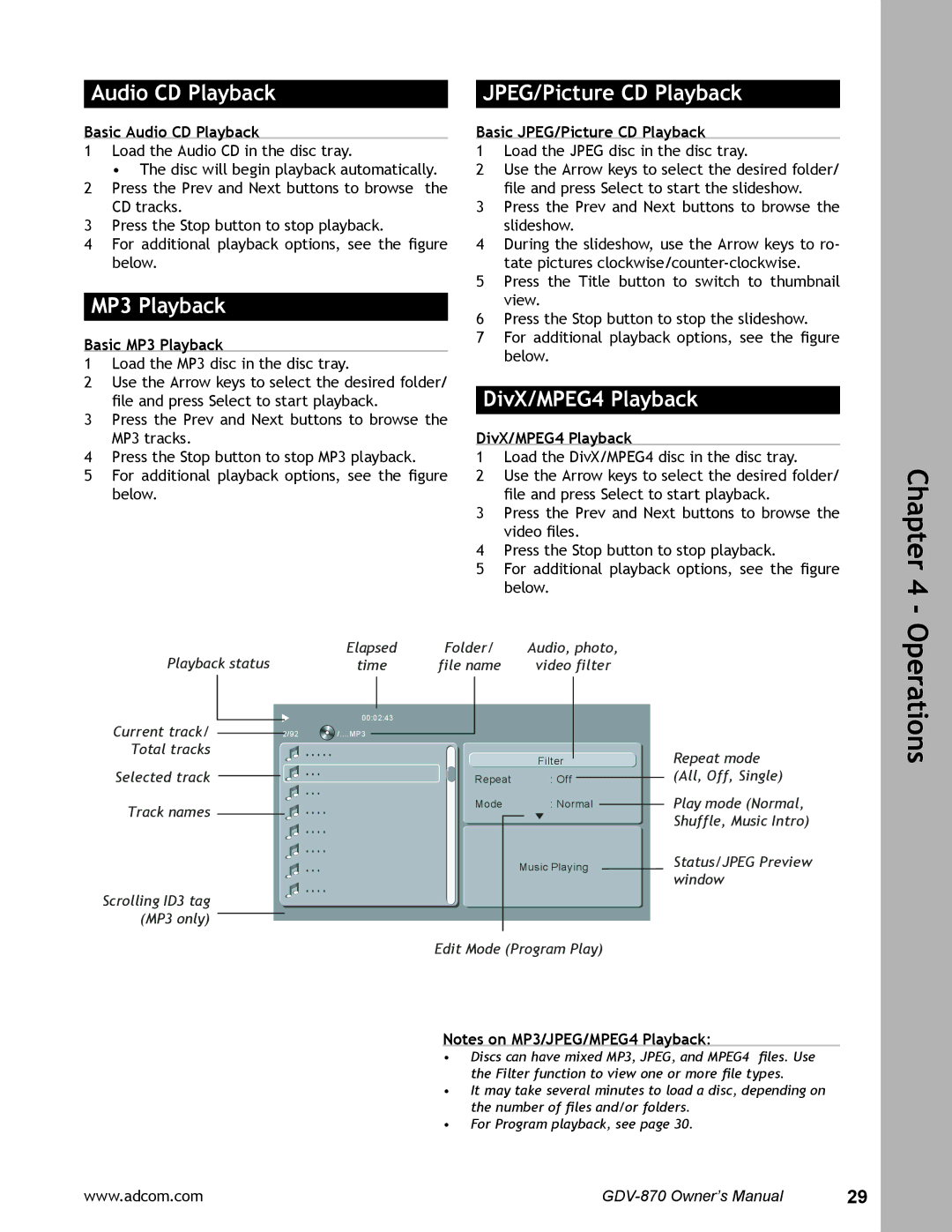 Adcom GDV-870 user manual Audio CD Playback, MP3 Playback, JPEG/Picture CD Playback, DivX/MPEG4 Playback 