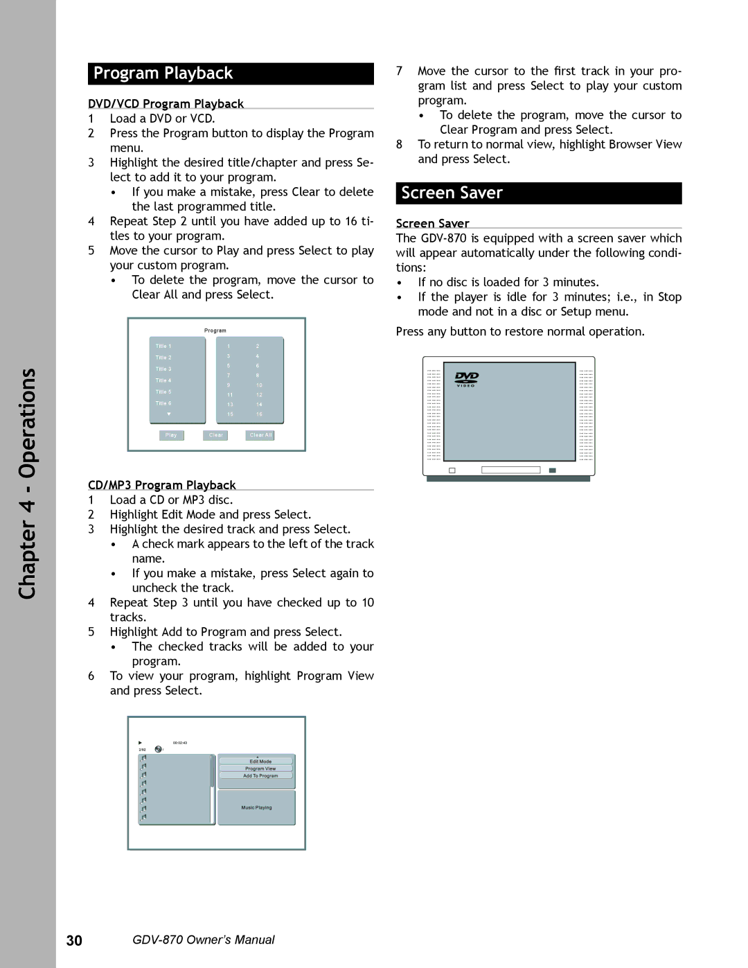 Adcom GDV-870 user manual Screen Saver, DVD/VCD Program Playback, CD/MP3 Program Playback 