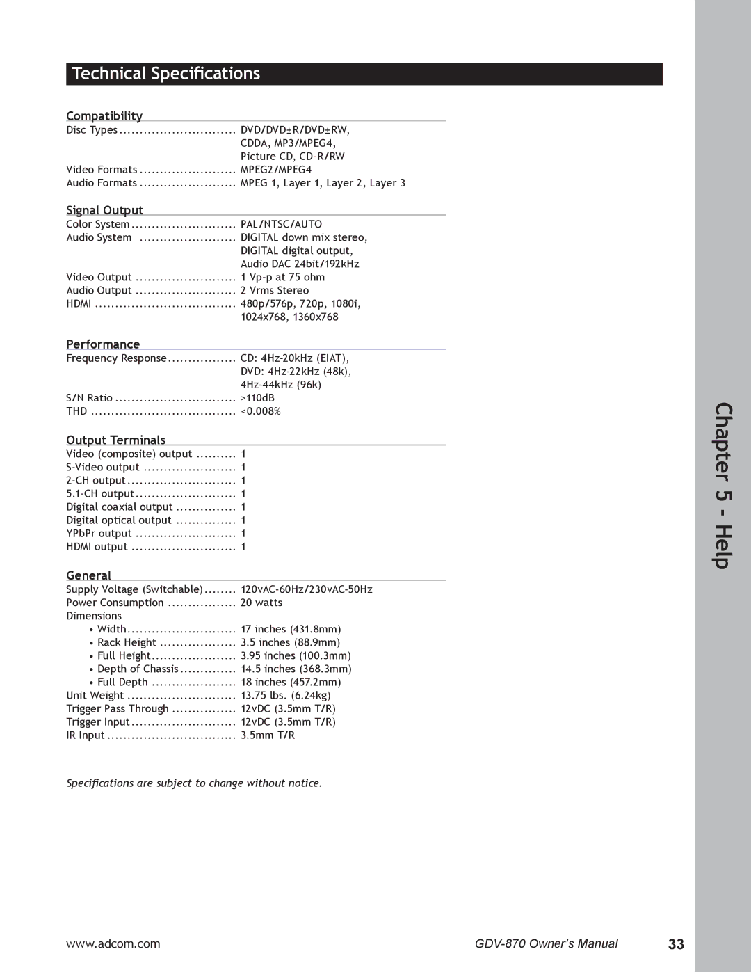 Adcom GDV-870 user manual Technical Speciﬁcations 