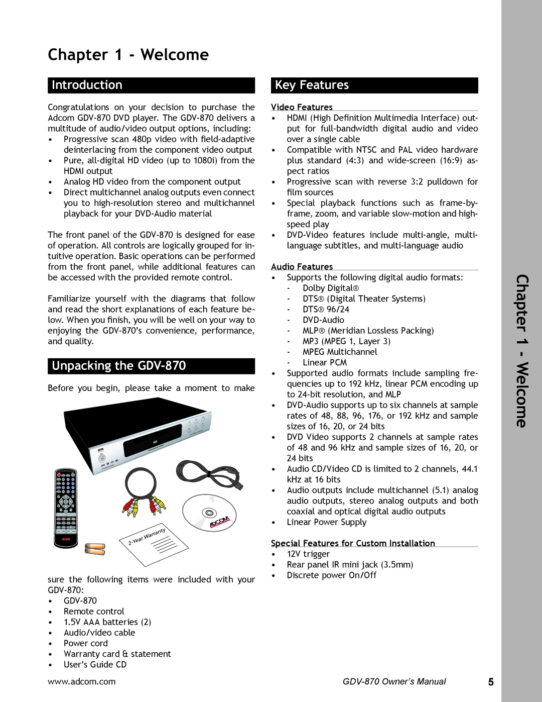 Adcom user manual Introduction, Unpacking the GDV-870, Key Features 