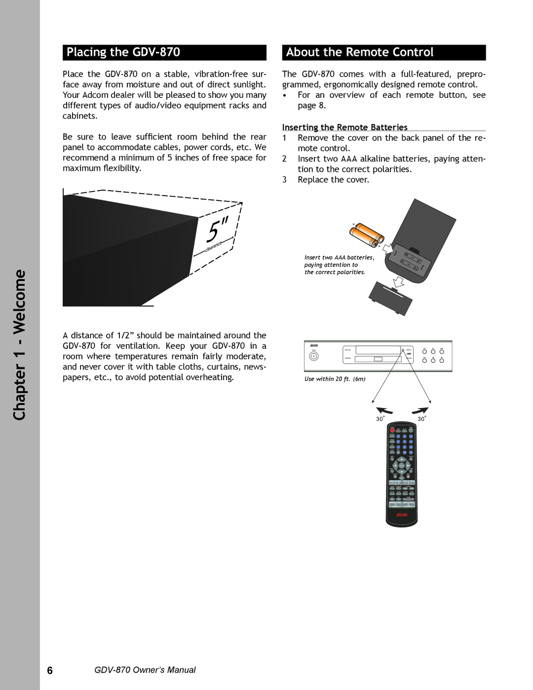 Adcom user manual Placing the GDV-870, Inserting the Remote Batteries 