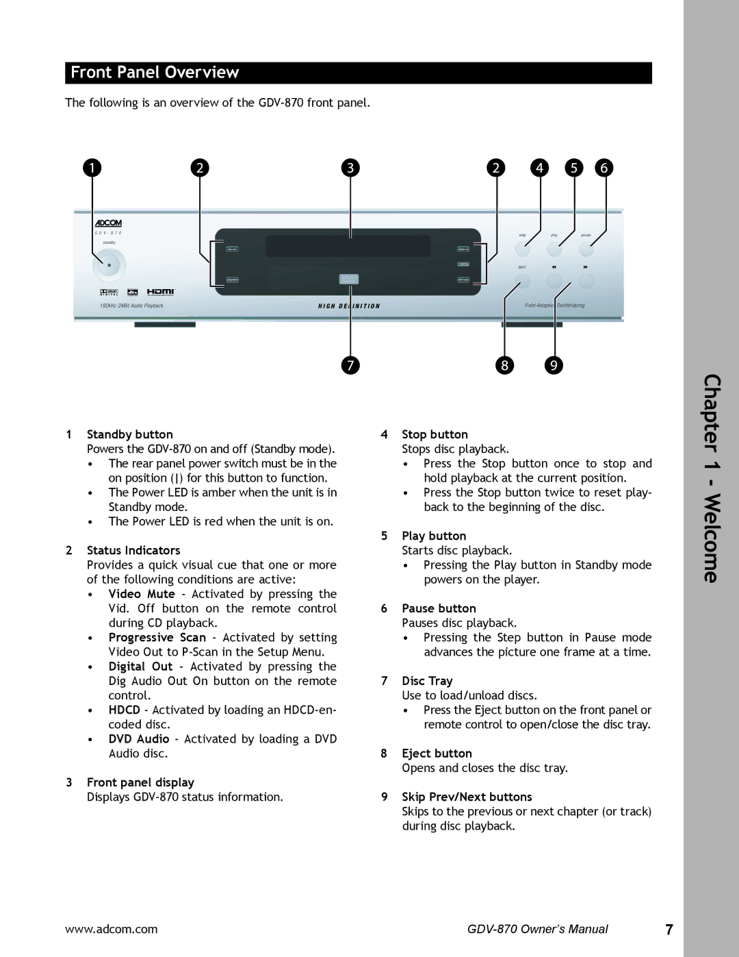 Adcom GDV-870 user manual Front Panel Overview 