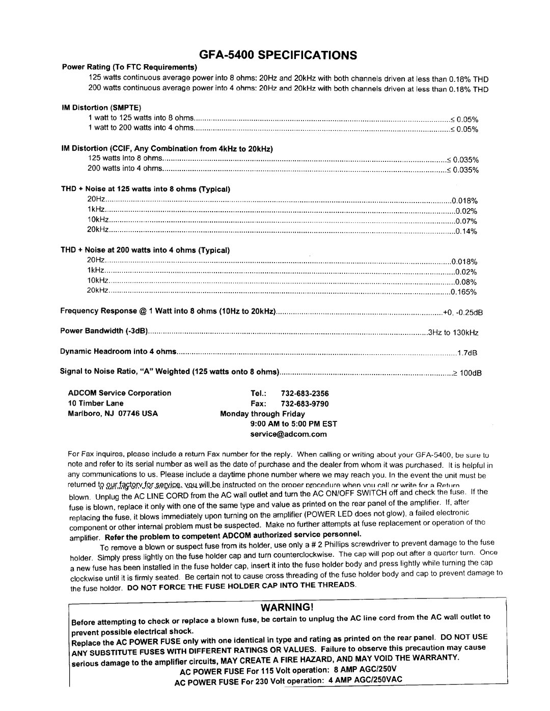 Adcom GFA-5400 manual 