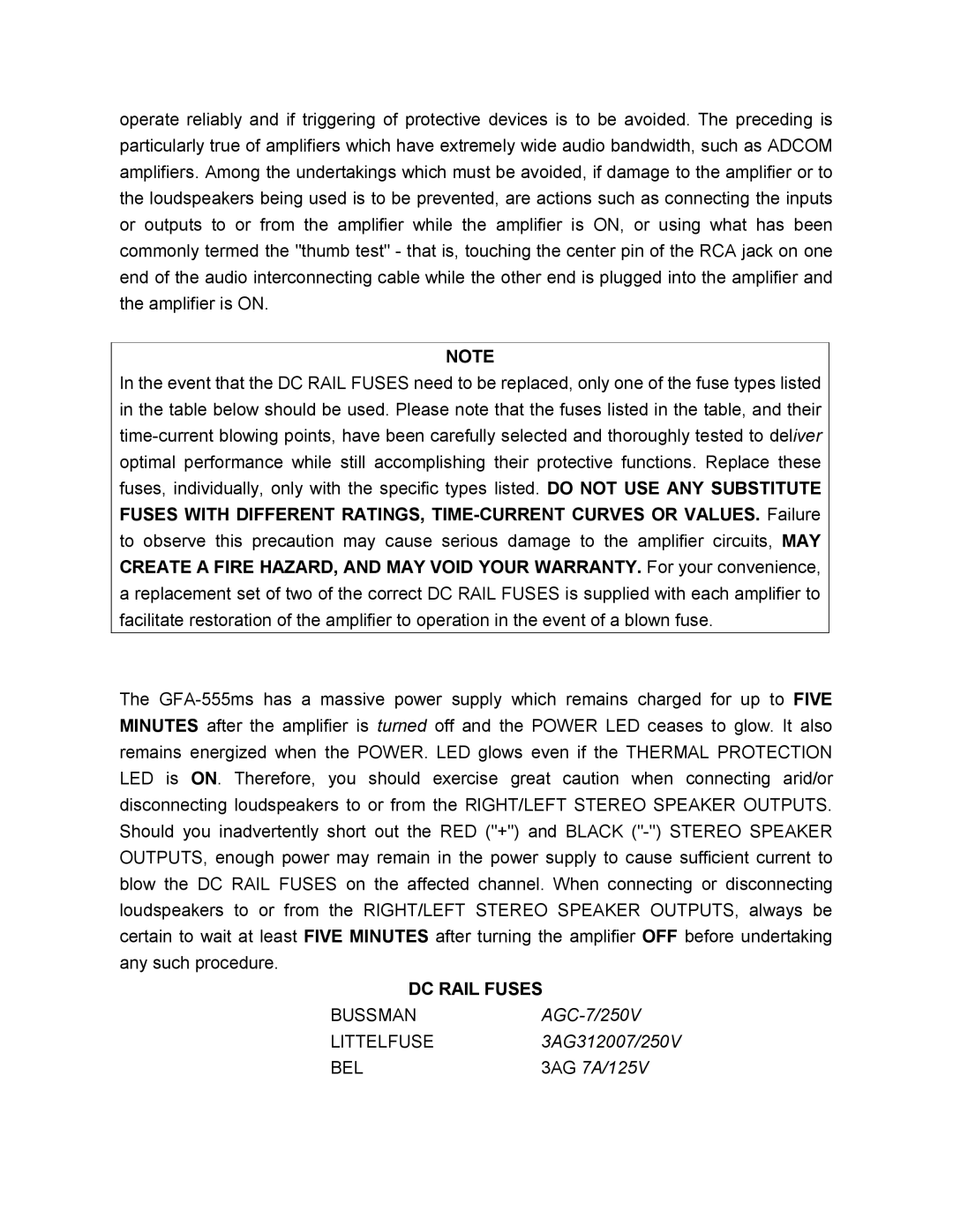 Adcom GFA-555MS manual May, Tstereospeakeroutputs, DC Rail Fuses Bussman, Littelfuse, Bel 