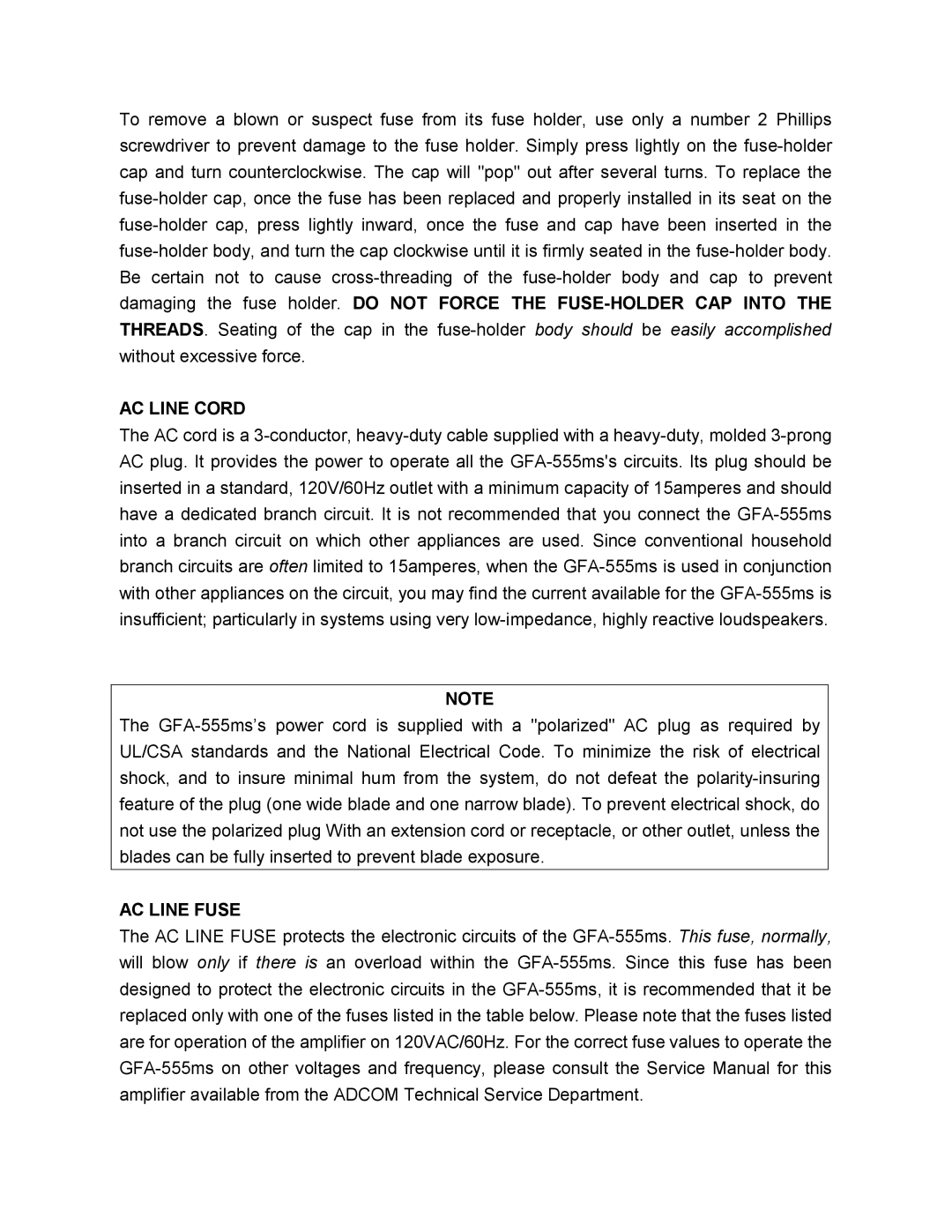 Adcom GFA-555MS manual AC Line Cord, AC Line Fuse 