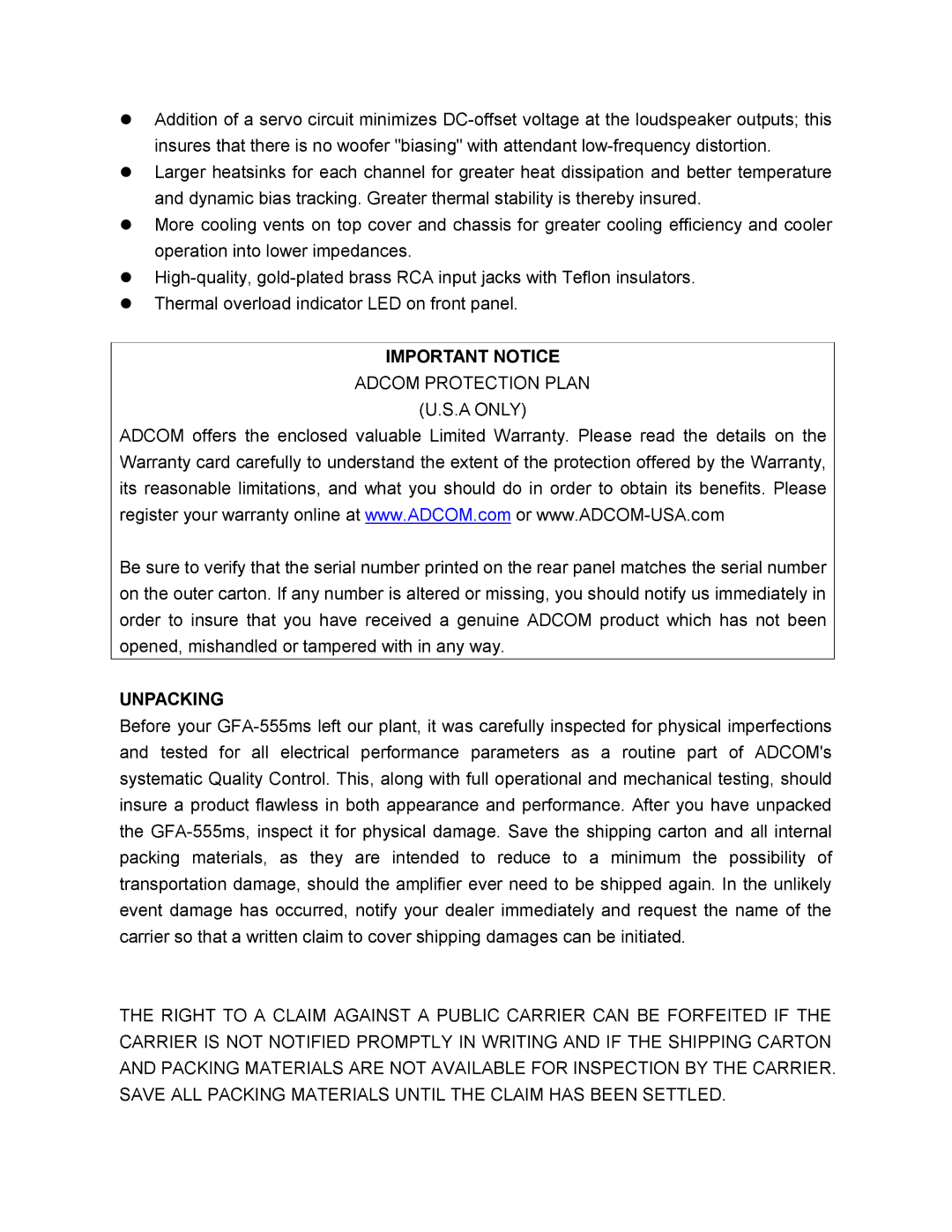 Adcom GFA-555MS manual Important Notice Adcomprotectionplan U.S.AONLY, Unpacking 