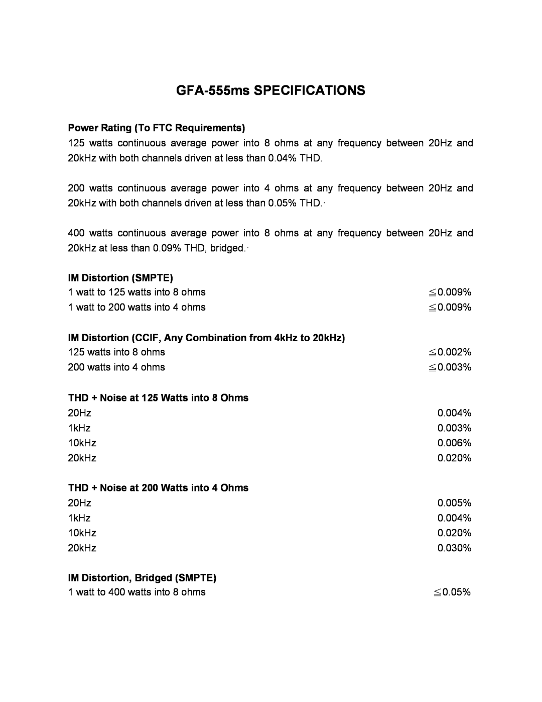 Adcom GFA-555MS manual GFA-555msSPECIFICATIONS 