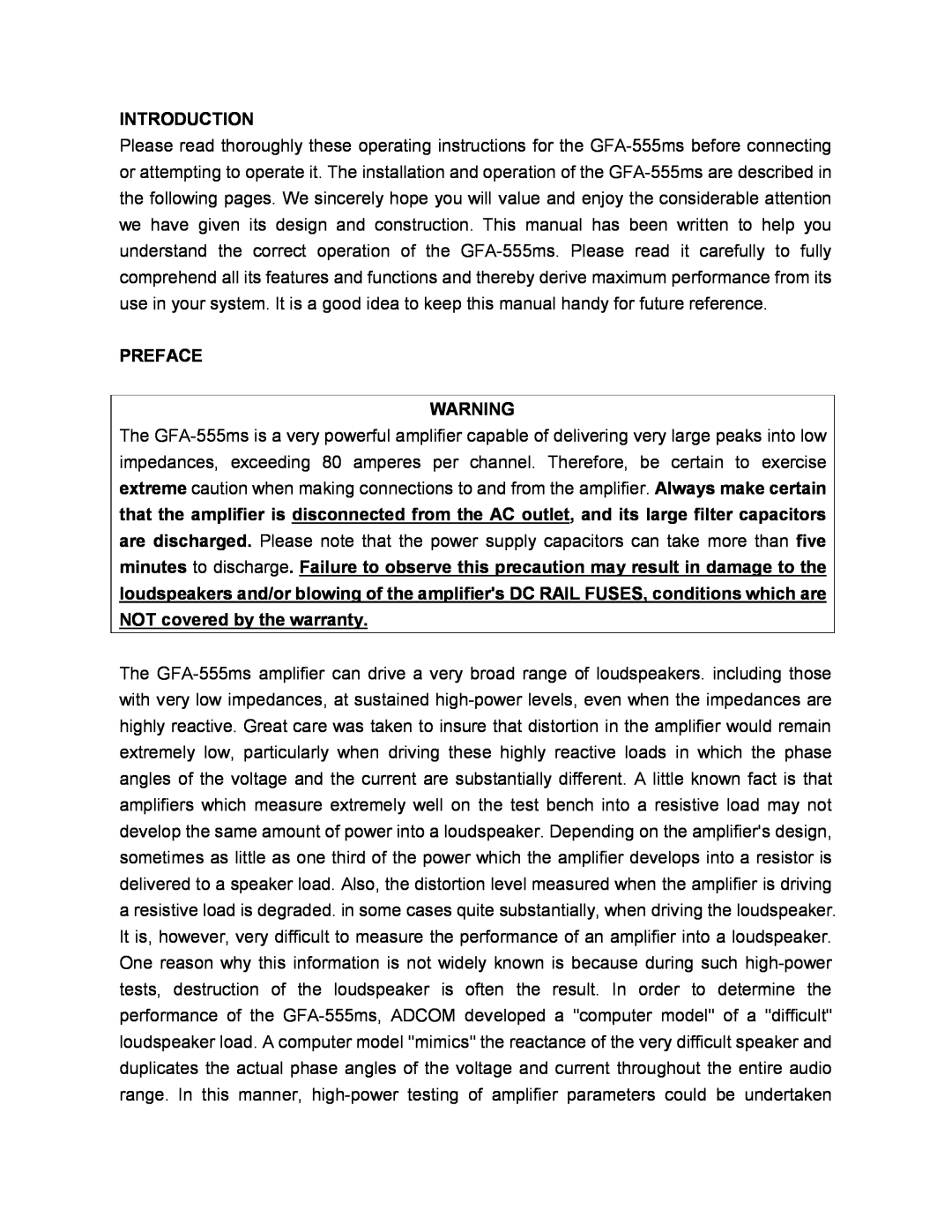 Adcom GFA-555MS Introduction, Pleasereadthoroughlytheseoperatinginstructions, fortheGFA555msbeforeconnecting, Preface 