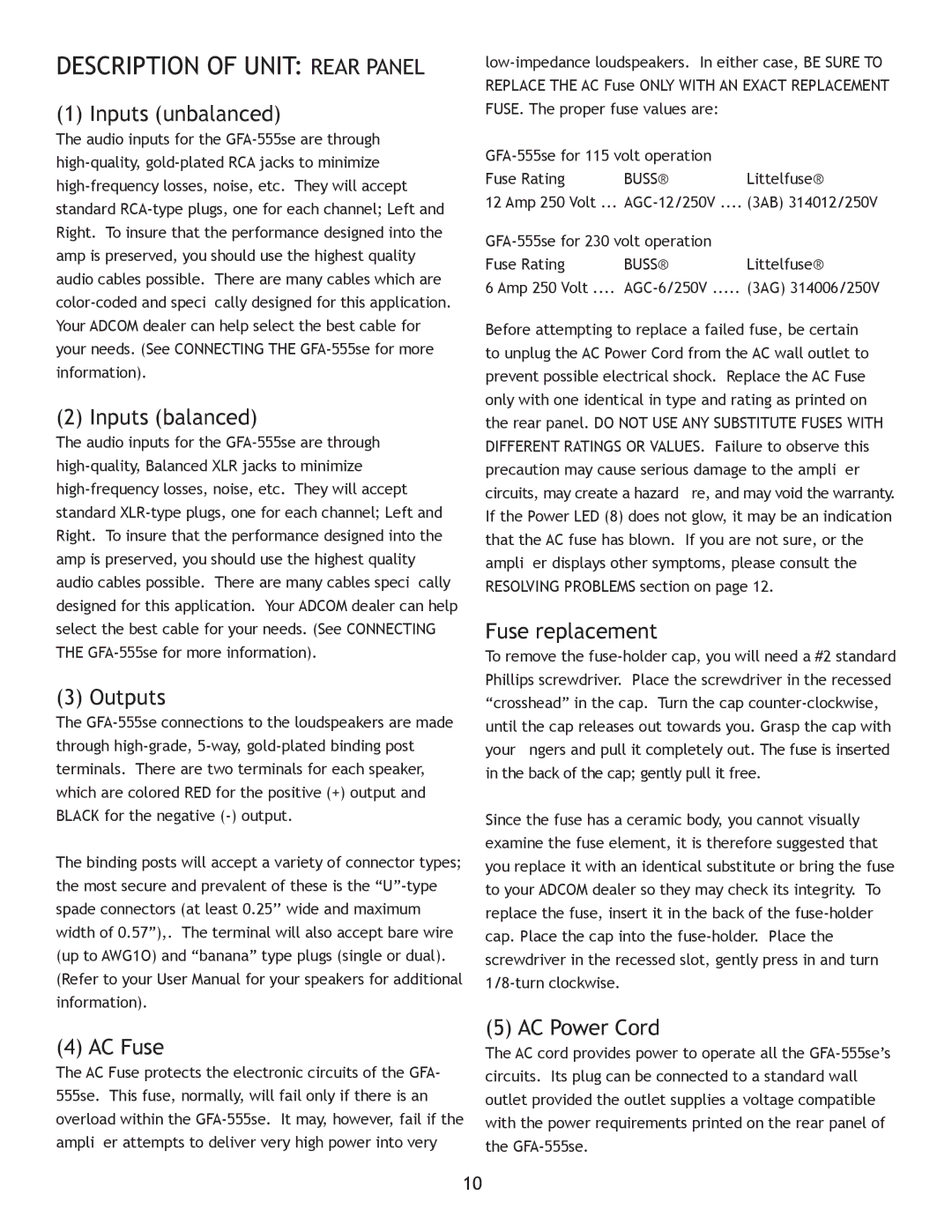 Adcom GFA-555se owner manual Description of Unit Rear Panel 