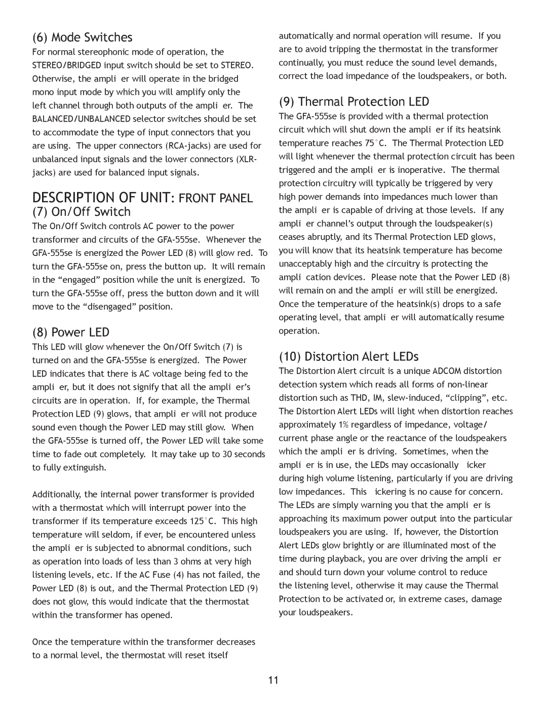 Adcom GFA-555se owner manual Description of Unit Front Panel 