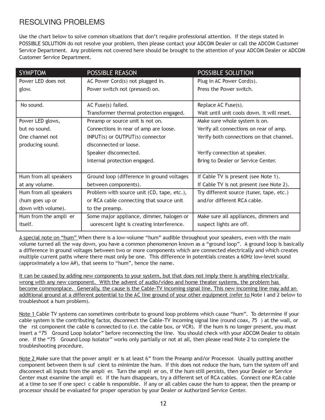 Adcom GFA-555se owner manual Resolving Problems 