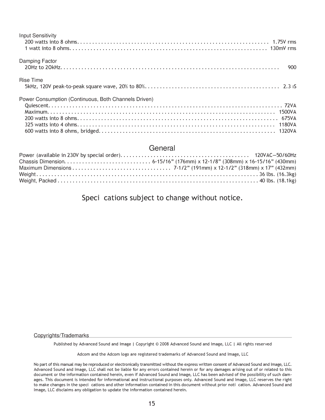 Adcom GFA-555se owner manual Speciﬁcations subject to change without notice, Damping Factor 