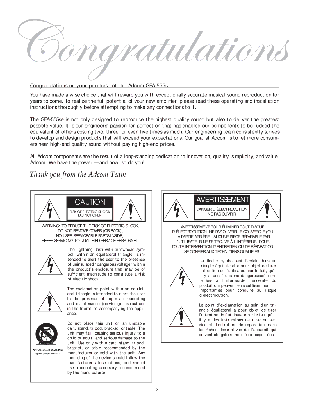 Adcom GFA-555se owner manual Avertissement 