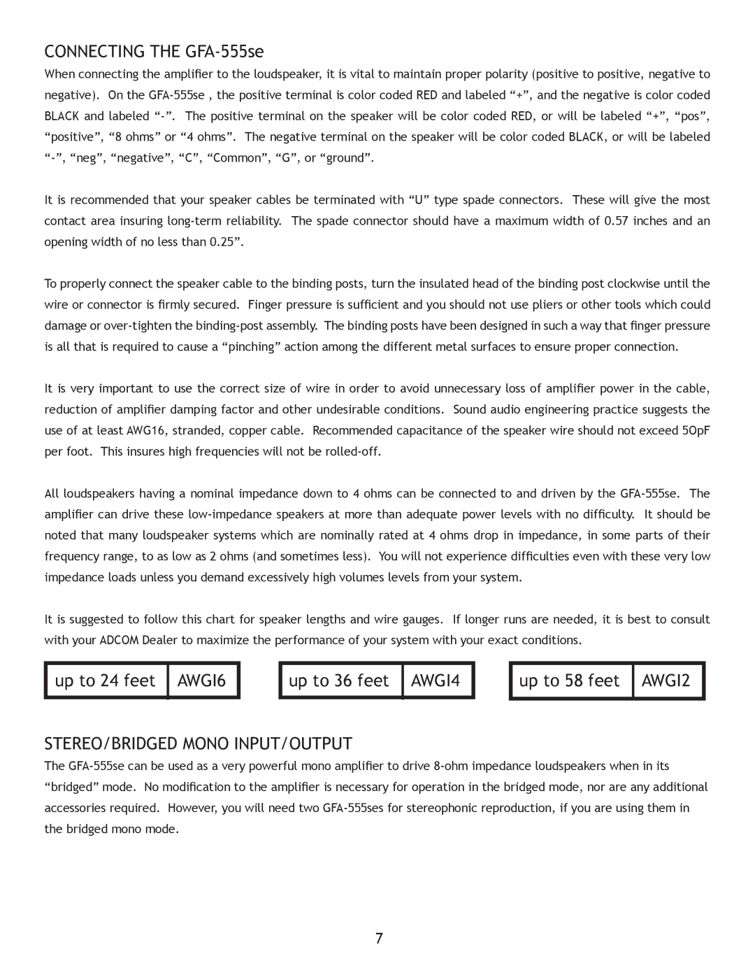 Adcom owner manual Connecting the GFA-555se, Up to 24 feet, Up to 36 feet, Up to 58 feet 