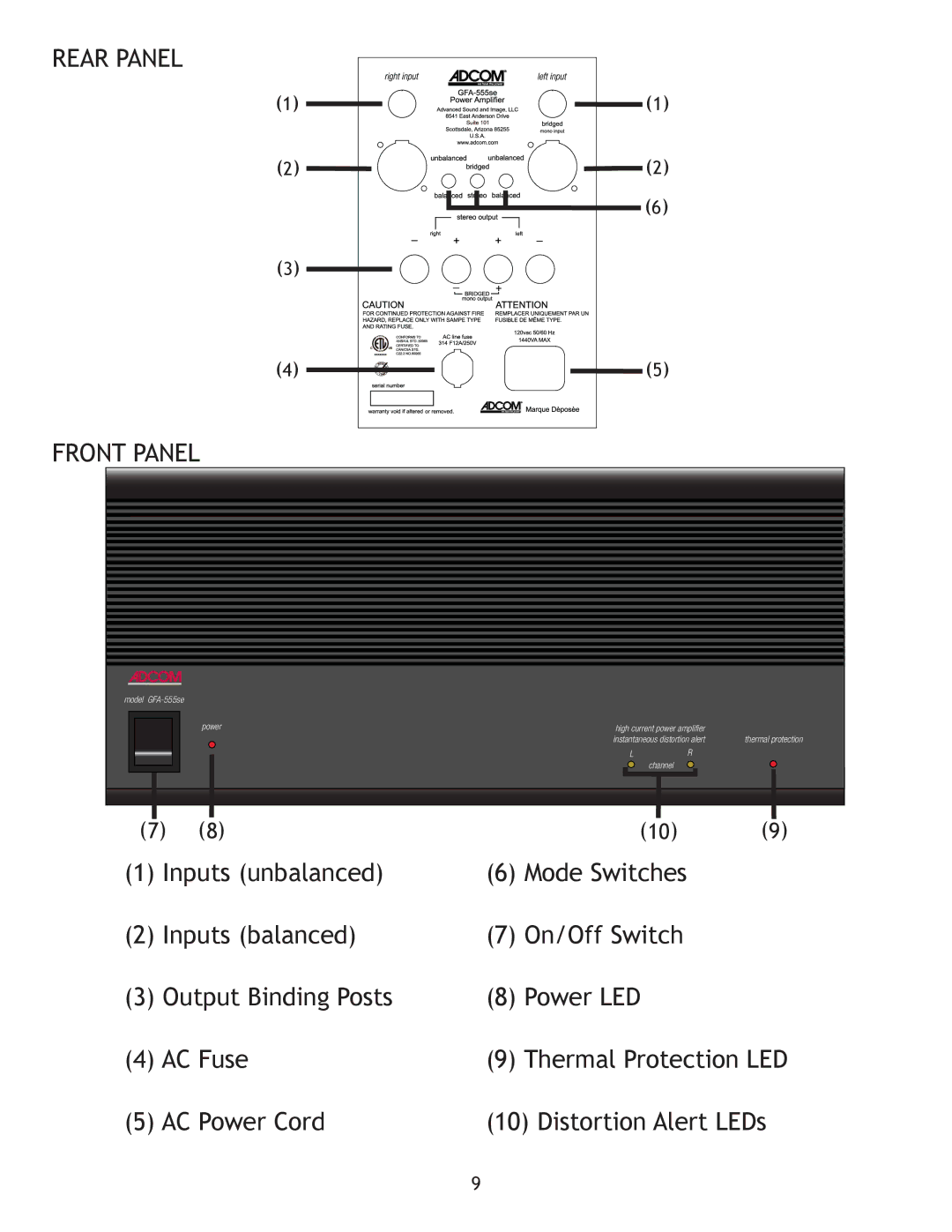 Adcom GFA-555se owner manual Rear Panel Front Panel 