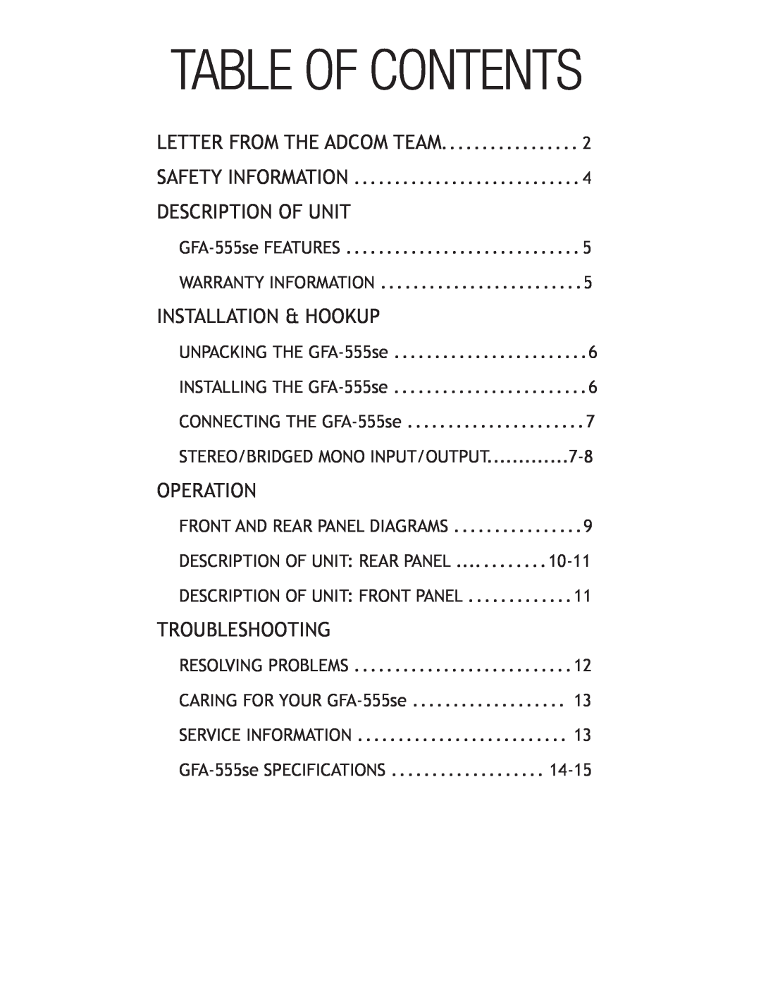 Adcom GFA-555se Table Of Contents, Letter From The Adcom Team, Description Of Unit, Installation & Hookup, Operation 