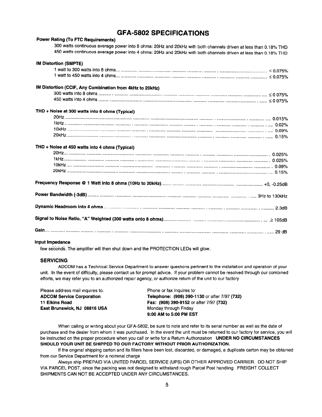 Adcom GFA-5802 manual 