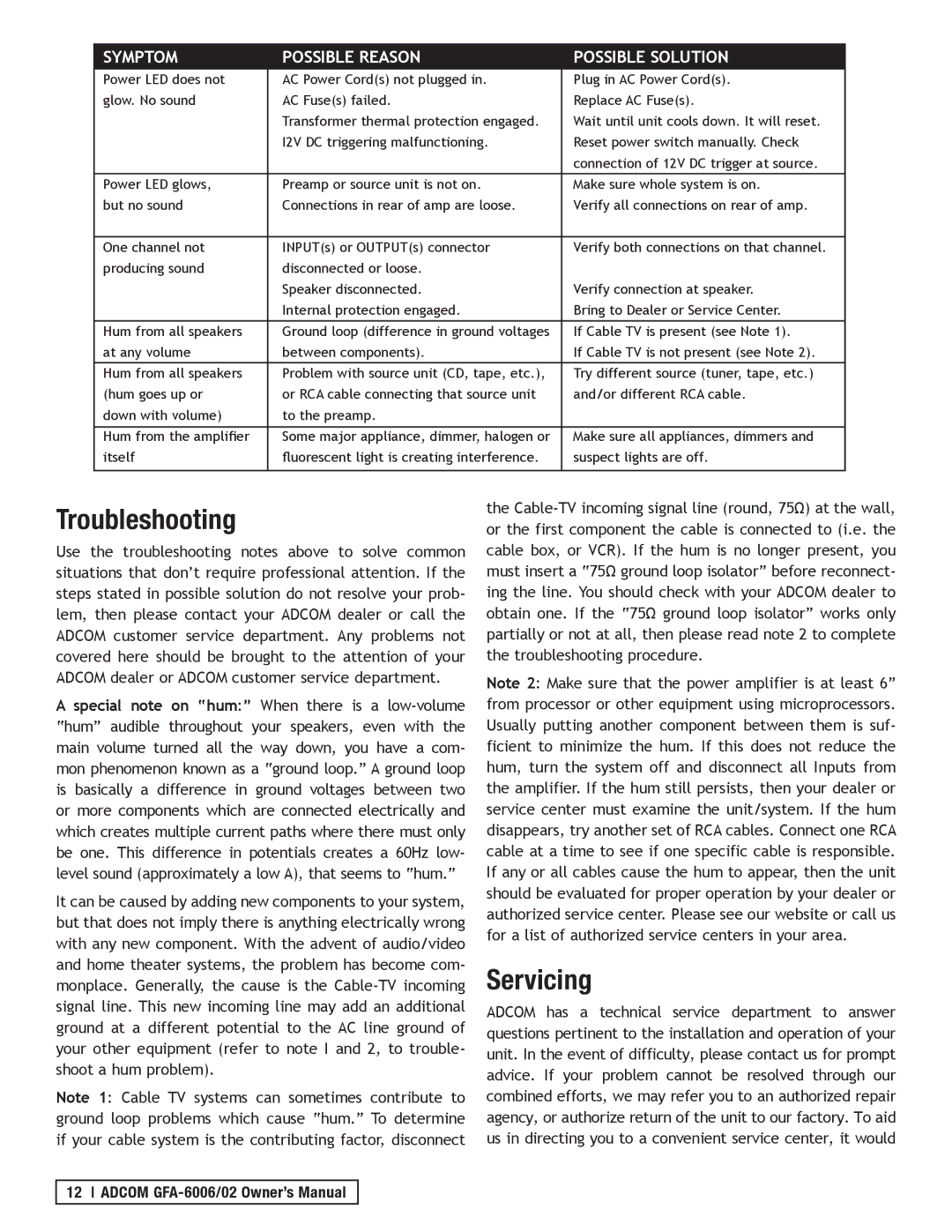 Adcom GFA-6002, GFA-6006 owner manual Servicing, Troubleshooting 