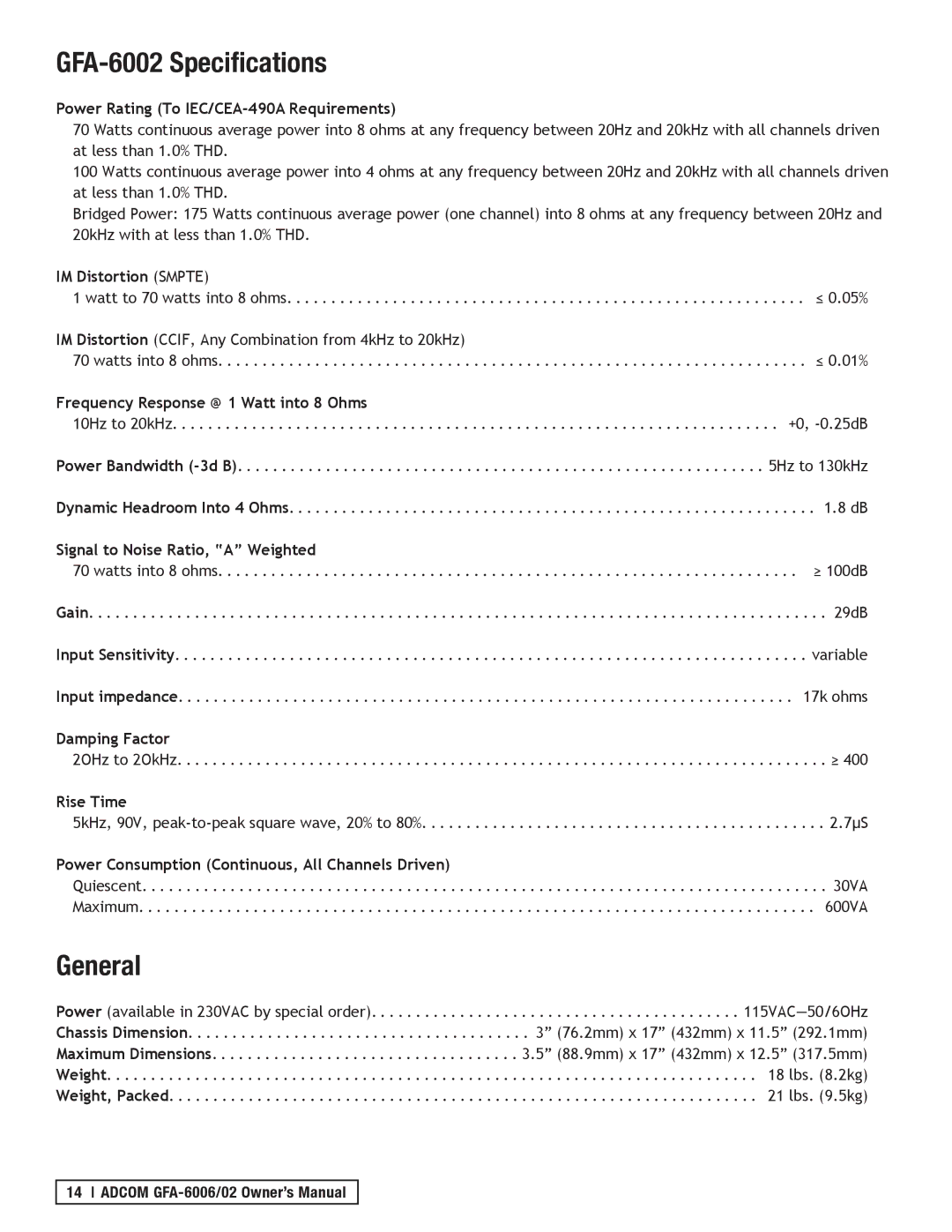 Adcom GFA-6006 owner manual GFA-6002 Specifications, General 