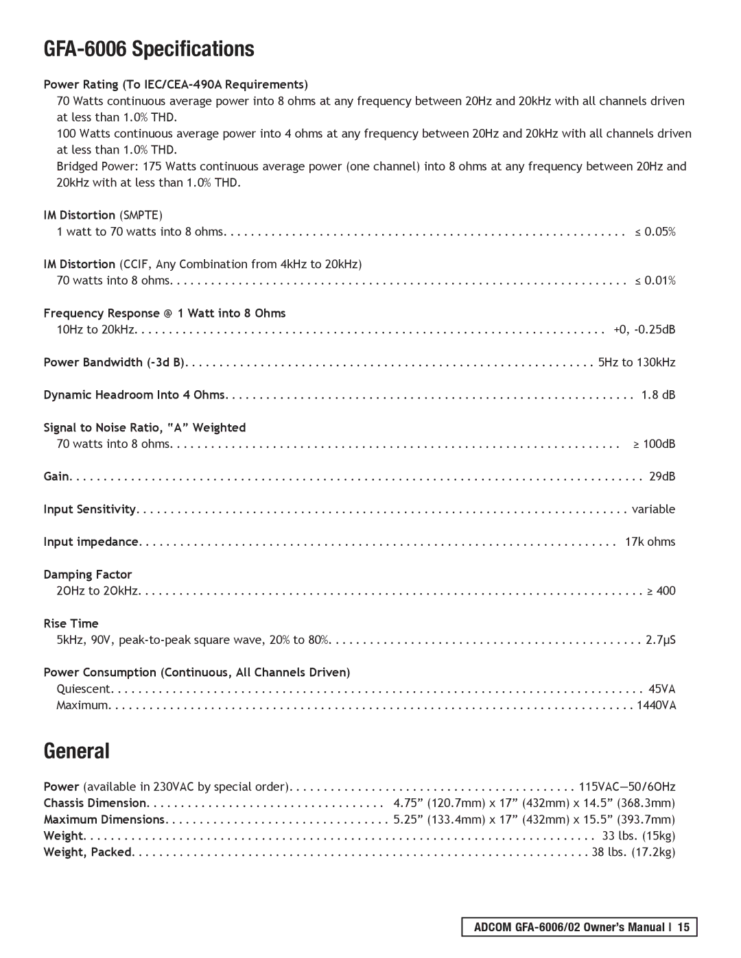 Adcom GFA-6002 owner manual GFA-6006 Specifications 