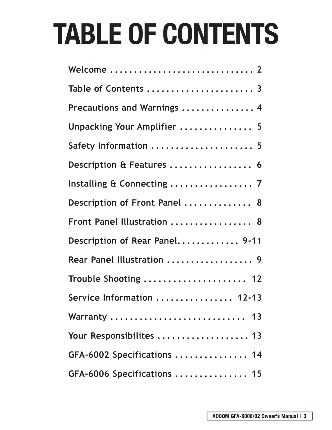 Adcom GFA-6006, GFA-6002 owner manual Table of Contents 