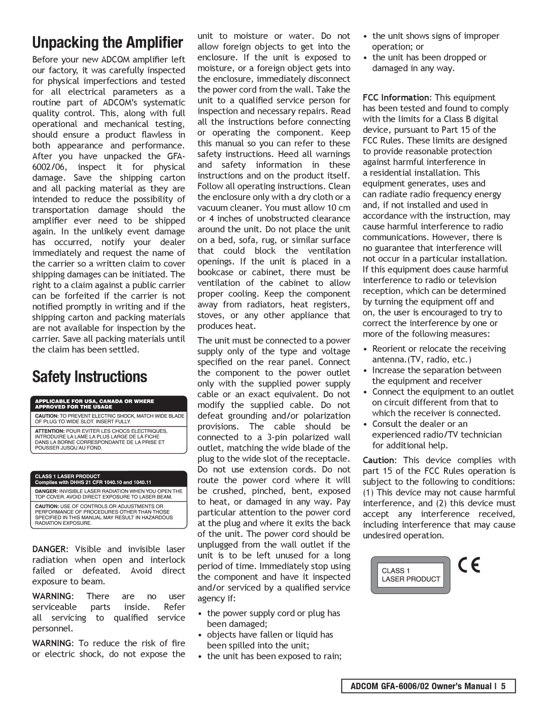 Adcom GFA-6006, GFA-6002 owner manual Safety Instructions, Unpacking the Amplifier 