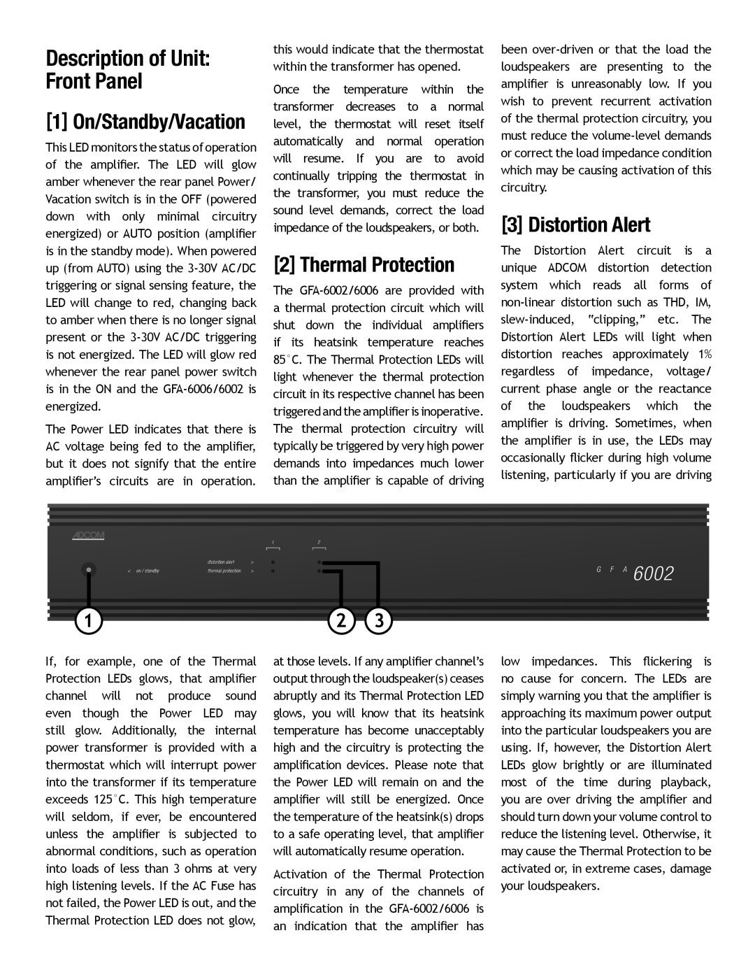 Adcom GFA-6002, GFA-6006 owner manual Distortion Alert, Description of Unit Front Panel, Thermal Protection 