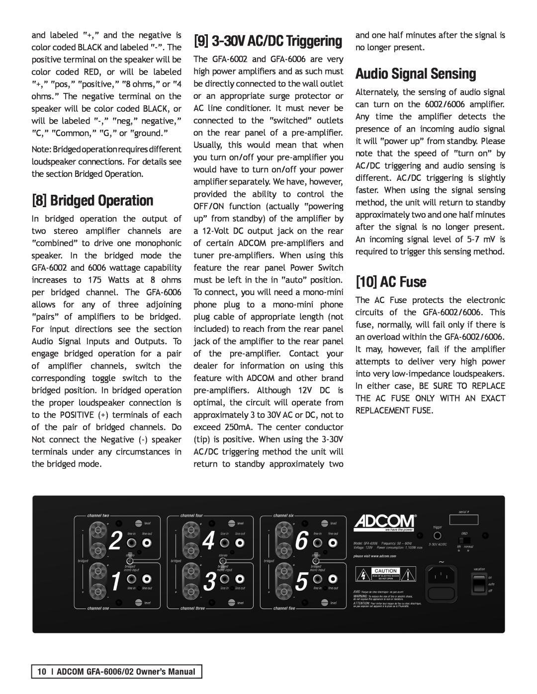 Adcom GFA-6002, GFA-6006 owner manual Bridged Operation, Audio Signal Sensing, AC Fuse, 9 3-30V AC/DC Triggering 