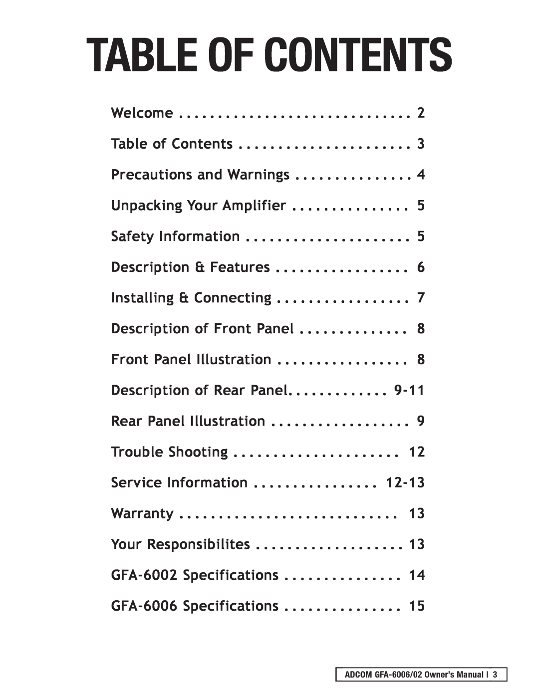 Adcom GFA-6006, GFA-6002 owner manual Table Of Contents 