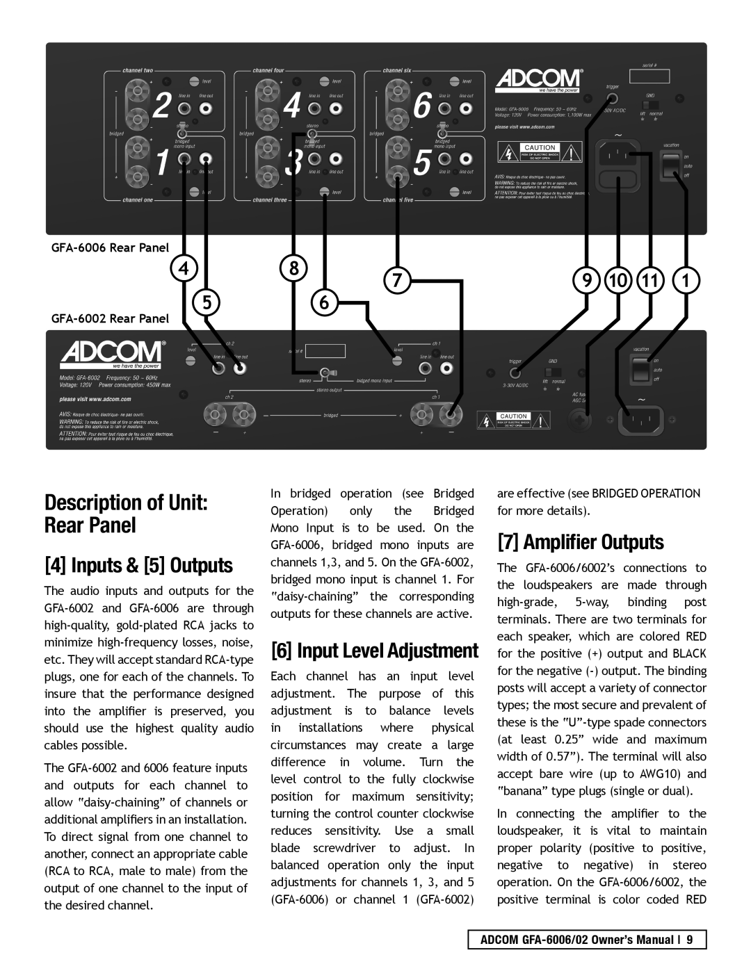 Adcom GFA-6006, GFA-6002 Description of Unit Rear Panel, Amplifier Outputs, Inputs & 5 Outputs, Input Level Adjustment 