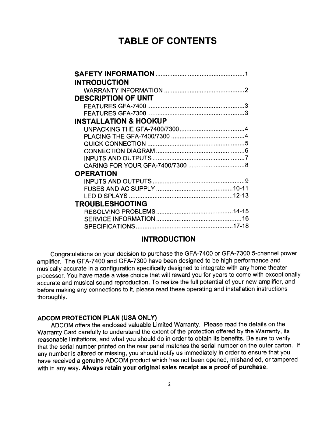 Adcom GFA-7400, GFA-7300 manual 