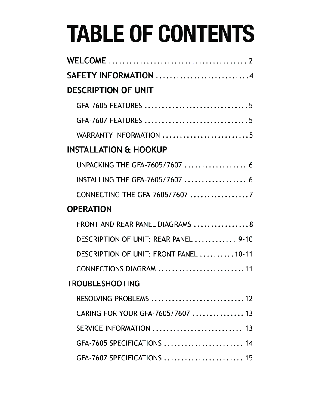 Adcom GFA-7607, GFA-7605 owner manual Table of Contents 