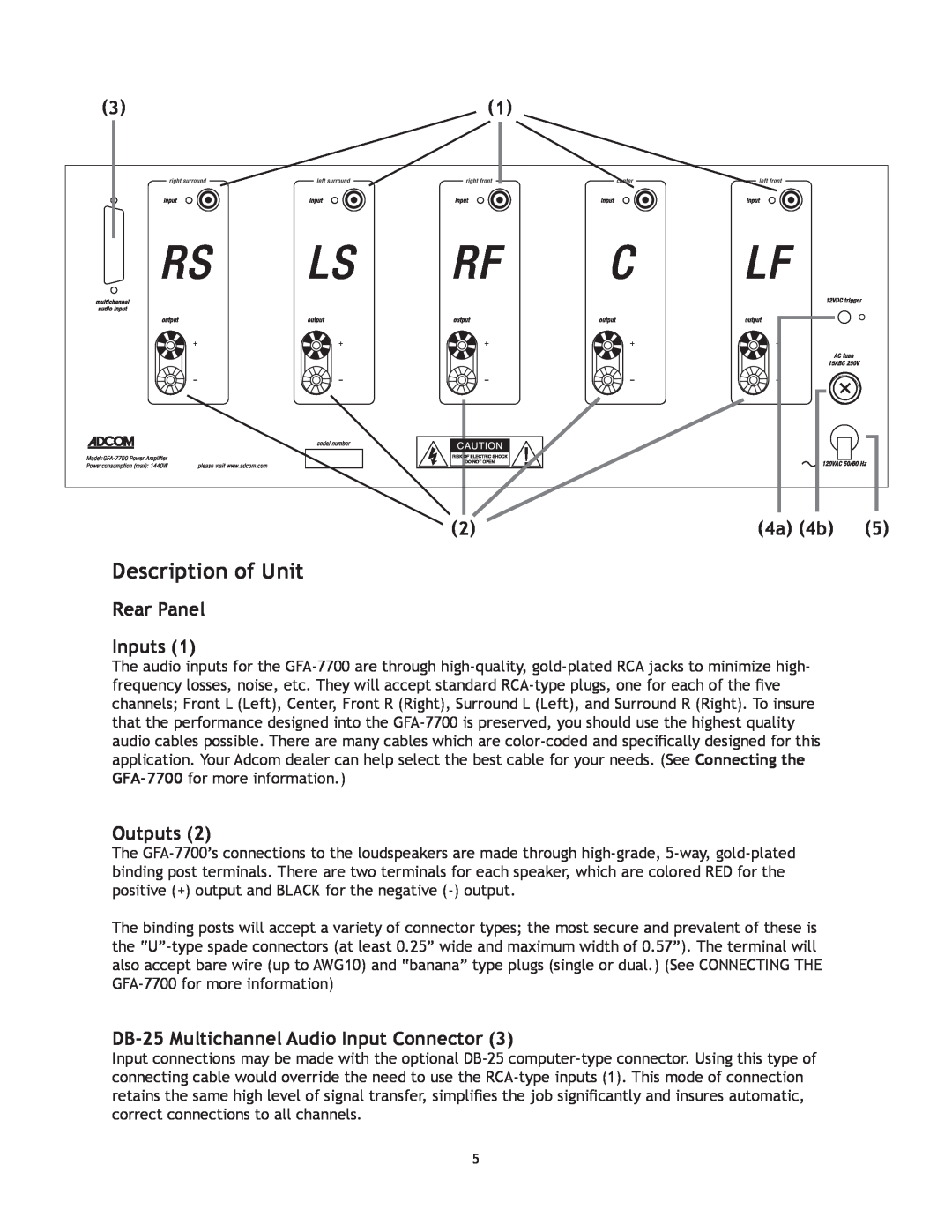 Adcom GFA-7700 owner manual Description of Unit, Rear Panel Inputs, Outputs, DB-25Multichannel Audio Input Connector 