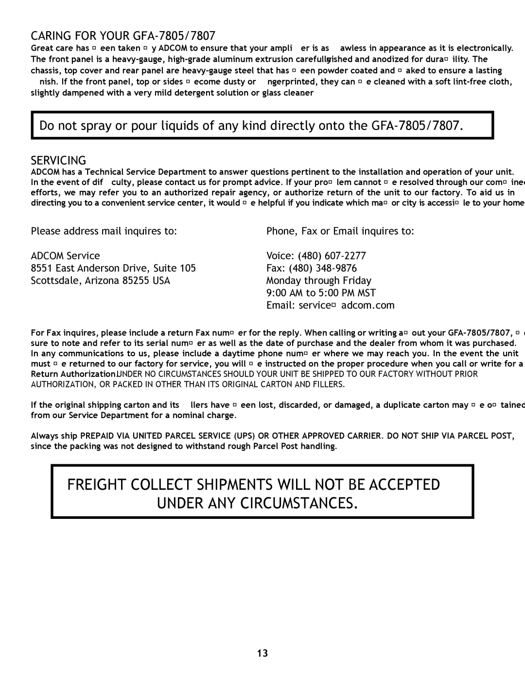 Adcom GFA7807 owner manual Caring for Your GFA-7805/7807, Servicing 