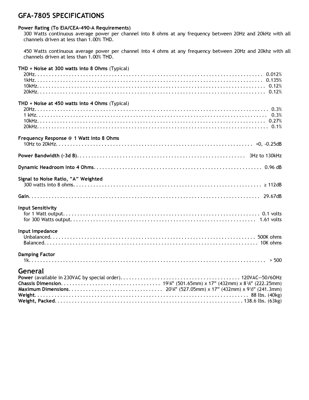 Adcom GFA7807 owner manual GFA-7805 Specifications, General 