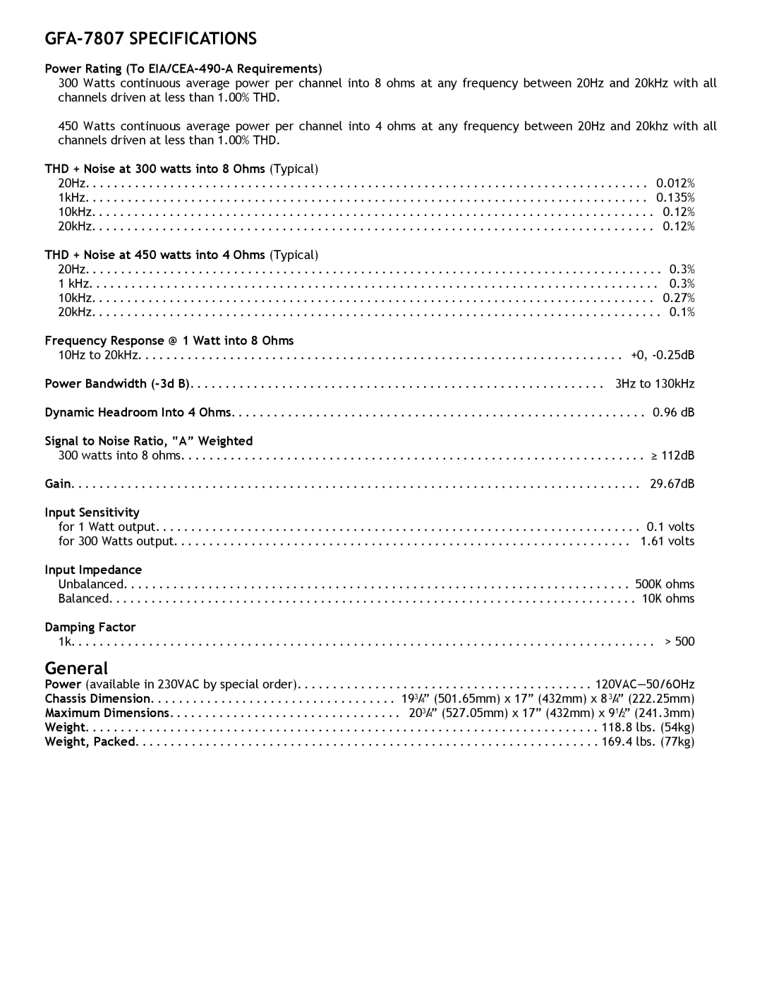 Adcom GFA7807 owner manual GFA-7807 Specifications 