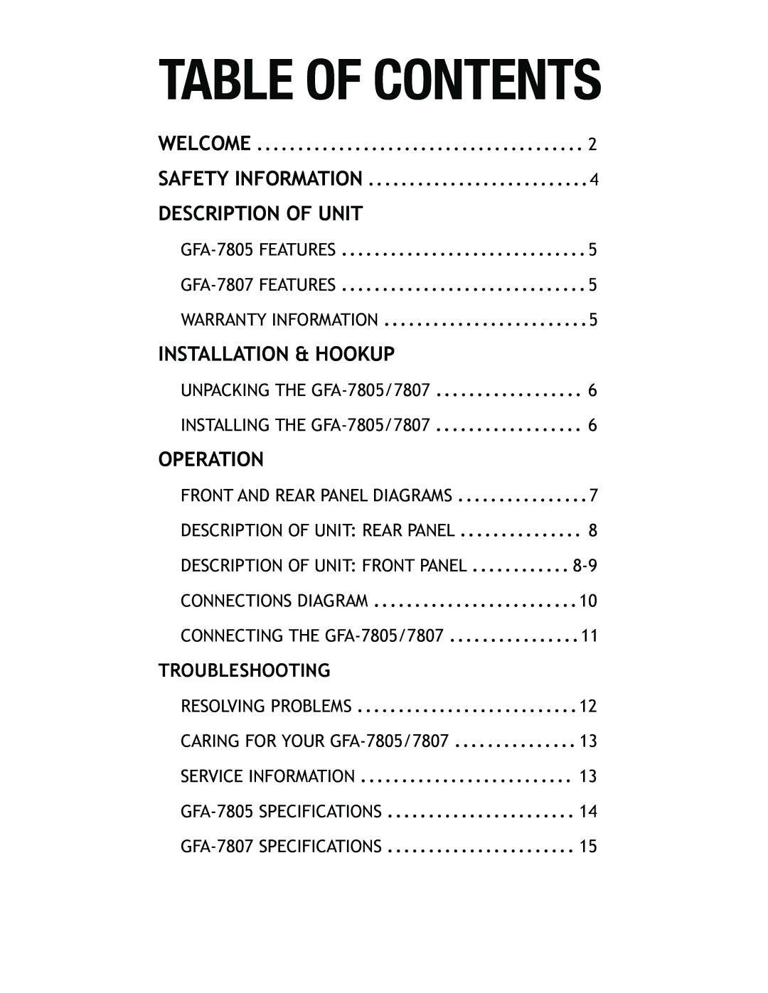 Adcom GFA7807 owner manual Table of Contents 