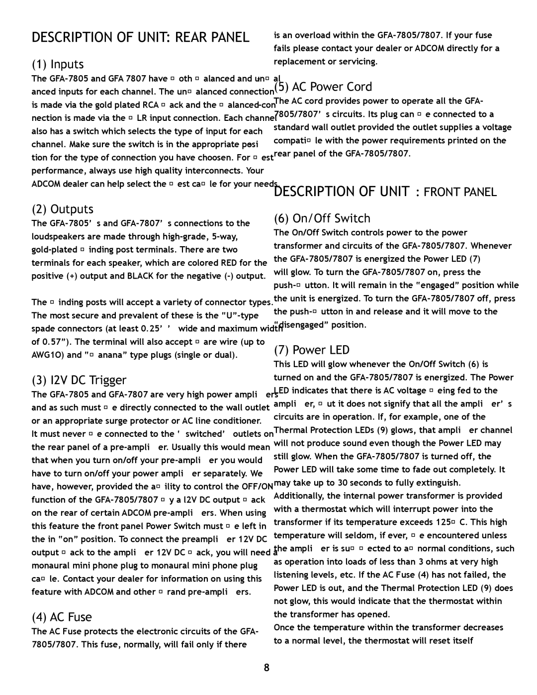 Adcom GFA7807 owner manual Inputs, Outputs, I2V DC Trigger, AC Fuse, AC Power Cord, On/Off Switch, Power LED 