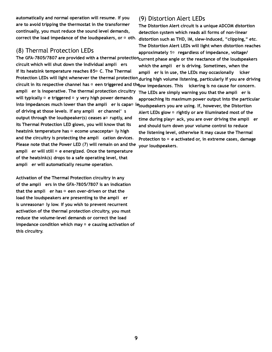 Adcom GFA7807 owner manual Thermal Protection LEDs, Distortion Alert LEDs 