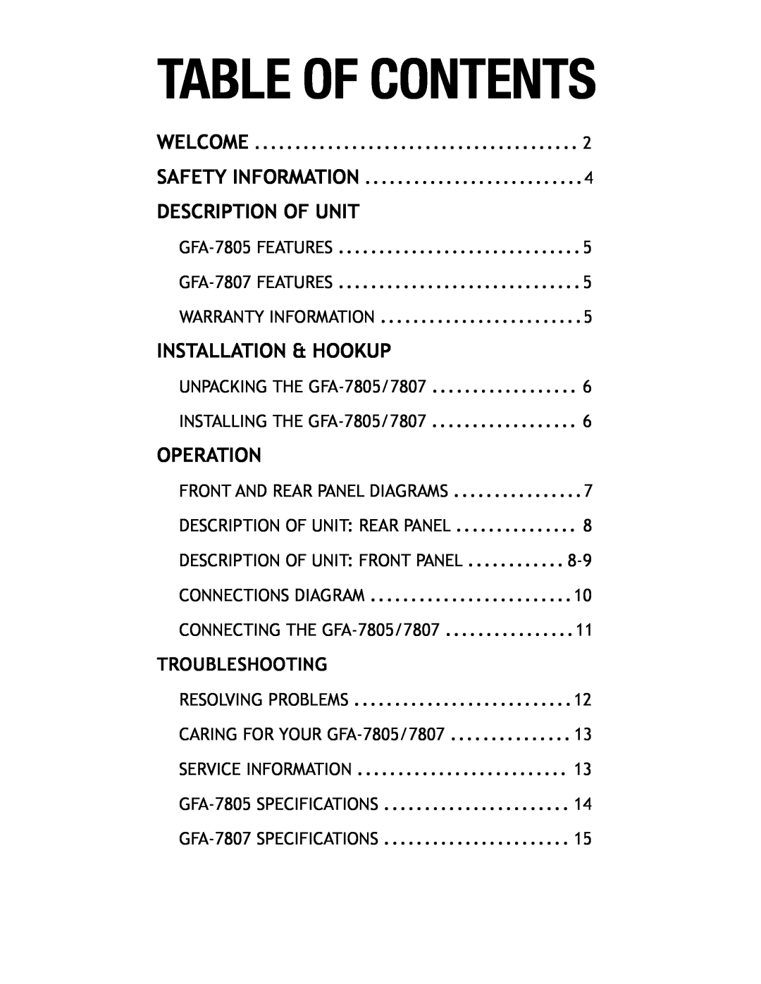 Adcom GFA7807 Table Of Contents, Description Of Unit, Installation & Hookup, Operation, Troubleshooting, Welcome 