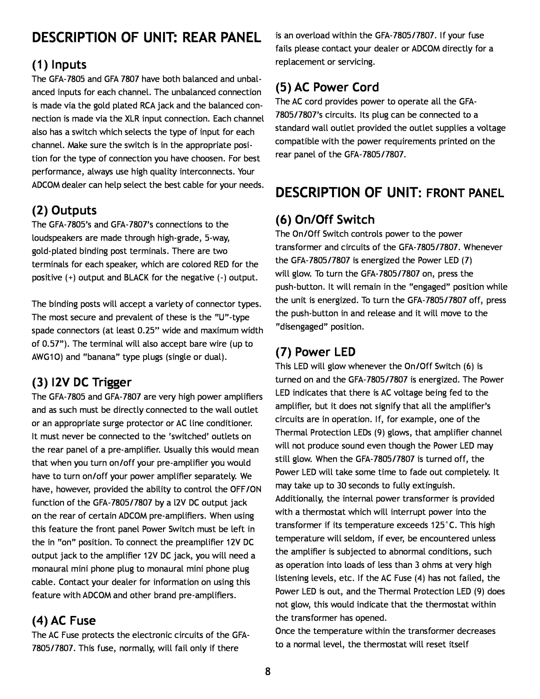 Adcom GFA7807 Description Of Unit Rear Panel, Description Of Unit Front Panel, Inputs, Outputs, 3 I2V DC Trigger, AC Fuse 