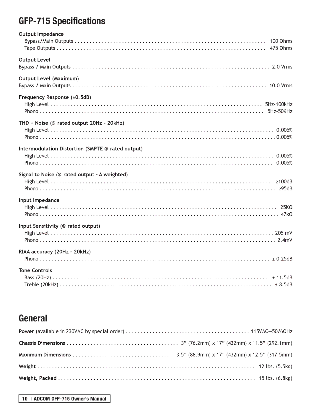 Adcom owner manual GFP-715 Specifications, General 