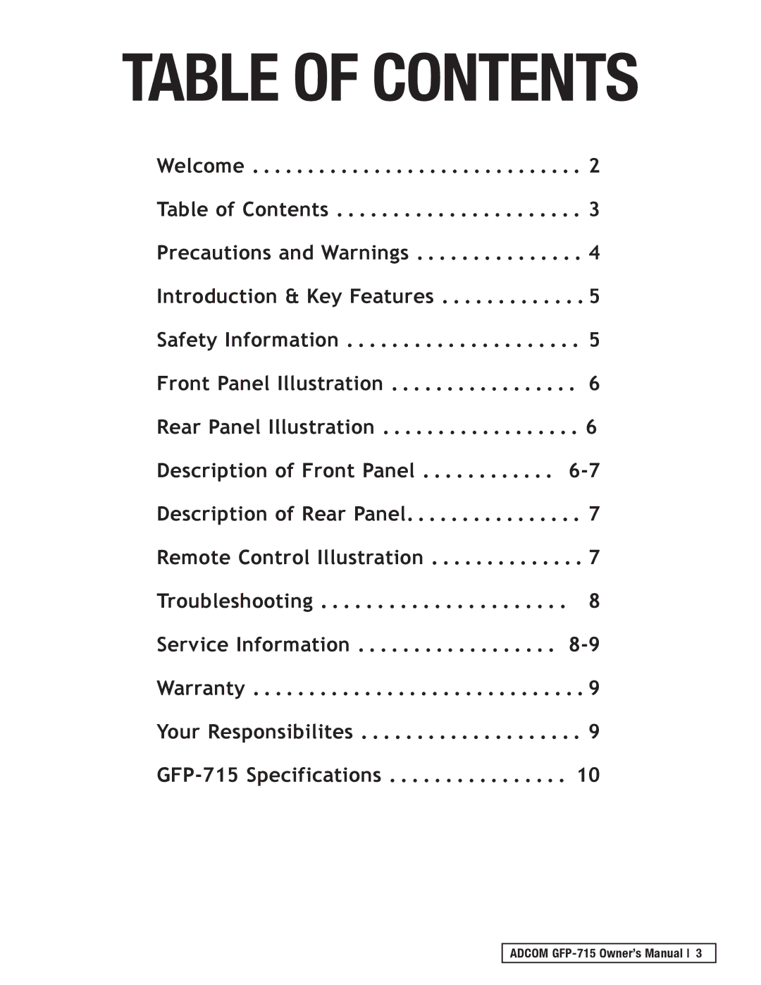 Adcom GFP-715 owner manual Table of Contents 