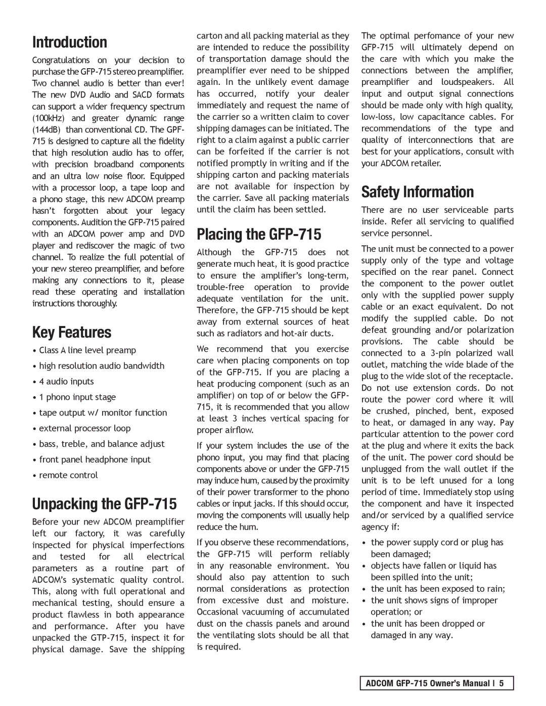 Adcom owner manual Introduction, Key Features, Placing the GFP-715, Safety Information, Unpacking the GFP-715 