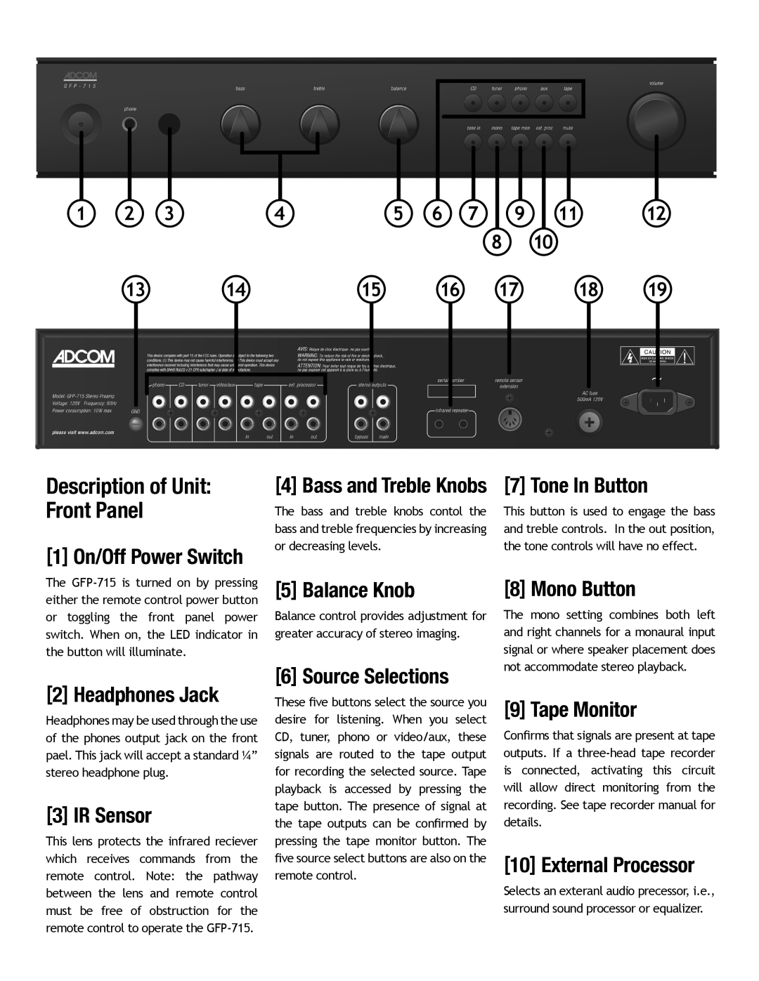 Adcom GFP-715 owner manual Description of Unit Front Panel, On/Off Power Switch 