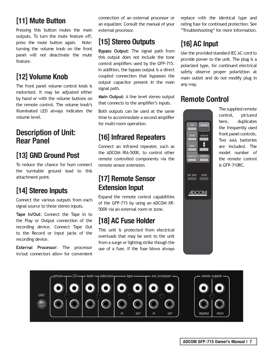 Adcom GFP-715 owner manual Remote Control, GND Ground Post, Infrared Repeaters 